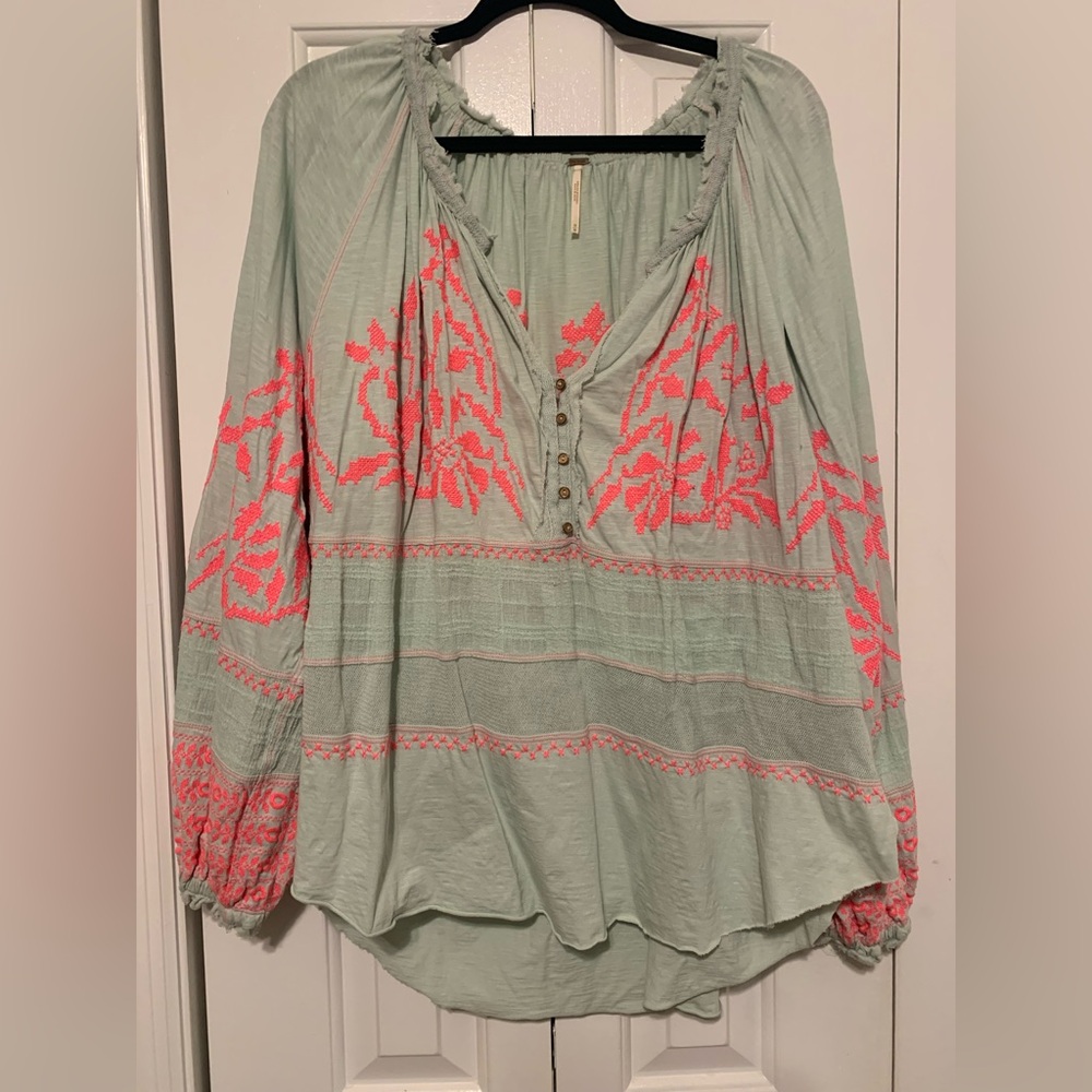 Free People Mint Green and Pink Embroidered Blouse